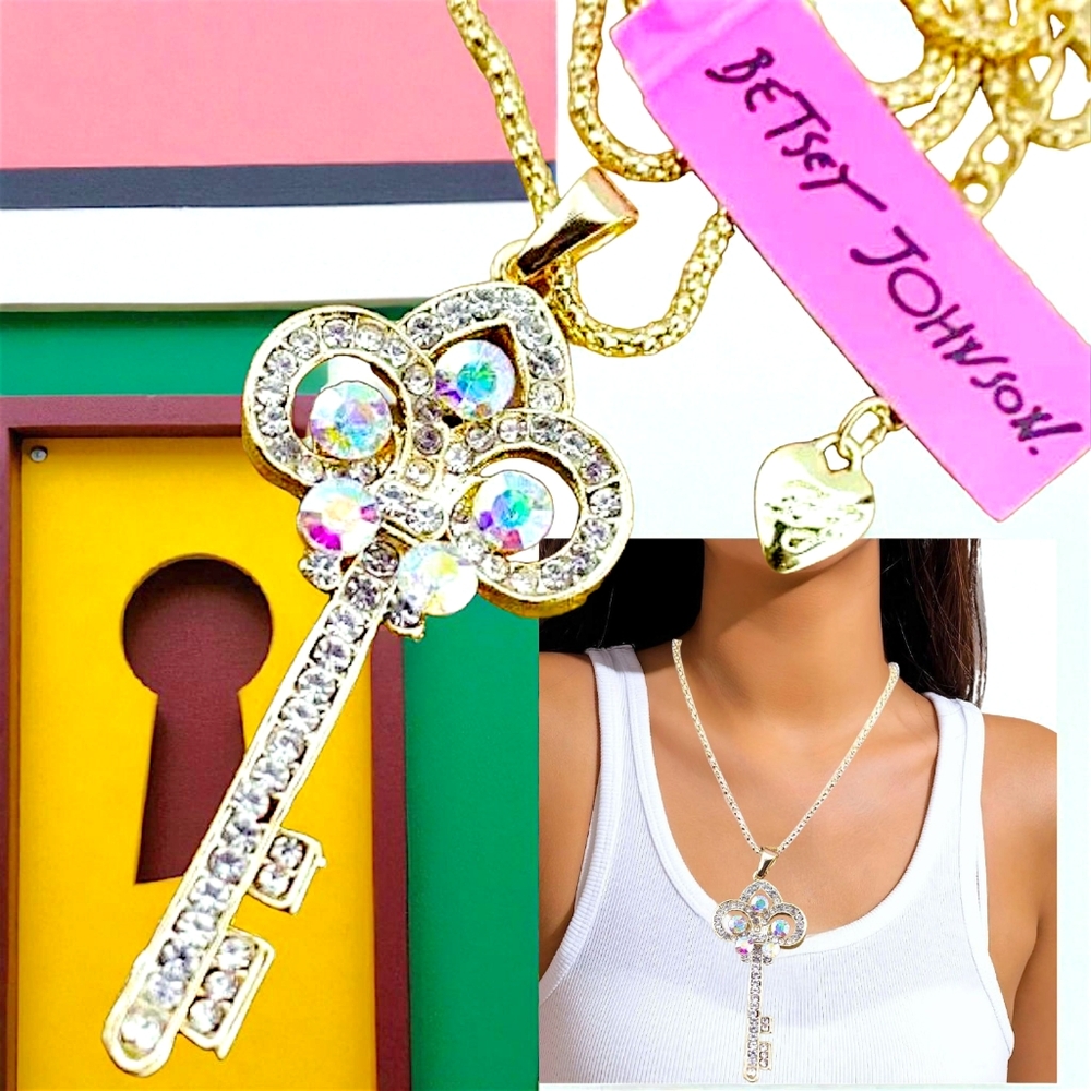Gold Plated Iridescent And White Crystal Key Pendant Necklace
